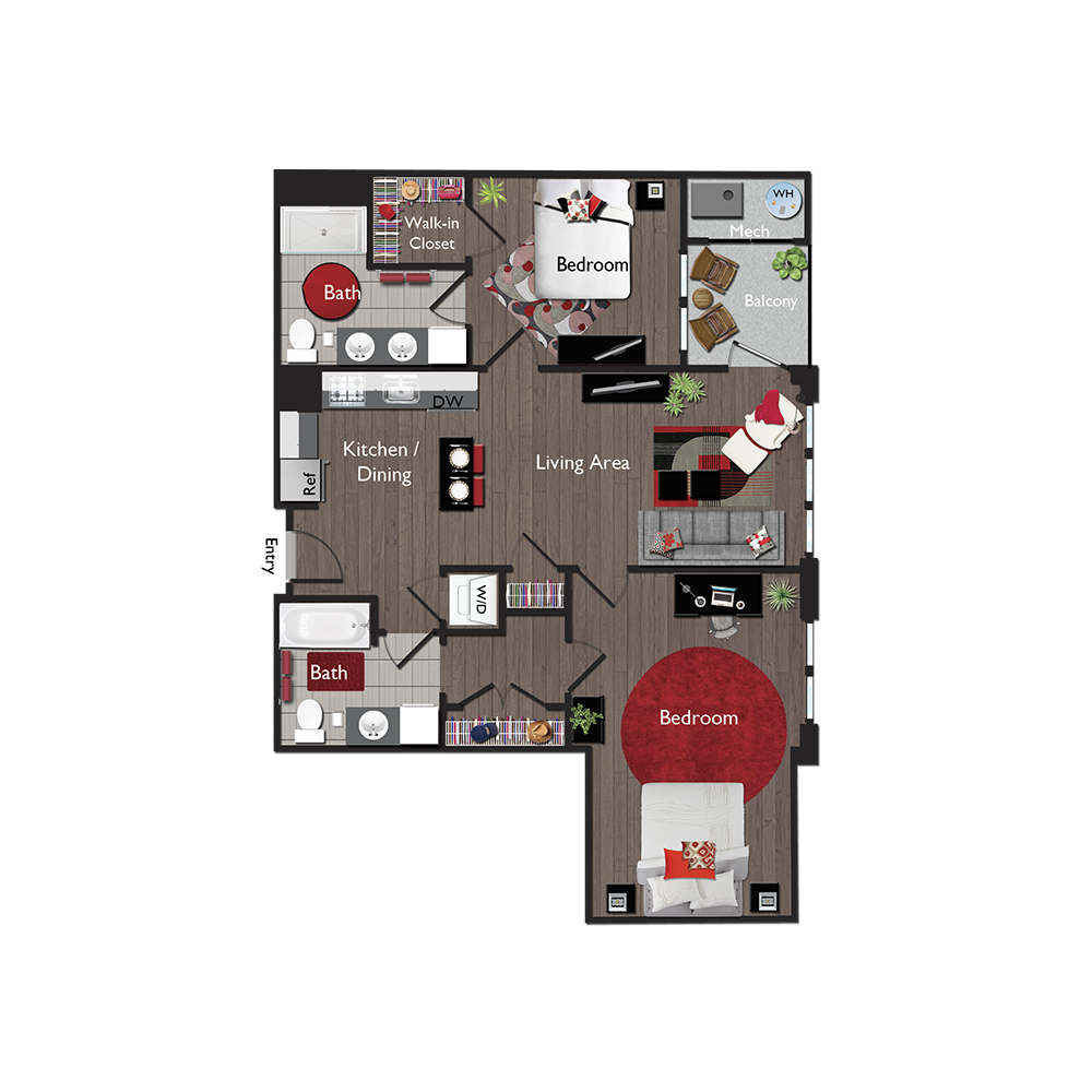 Floor plan for 2 beds, 2 baths, 1125 sqft